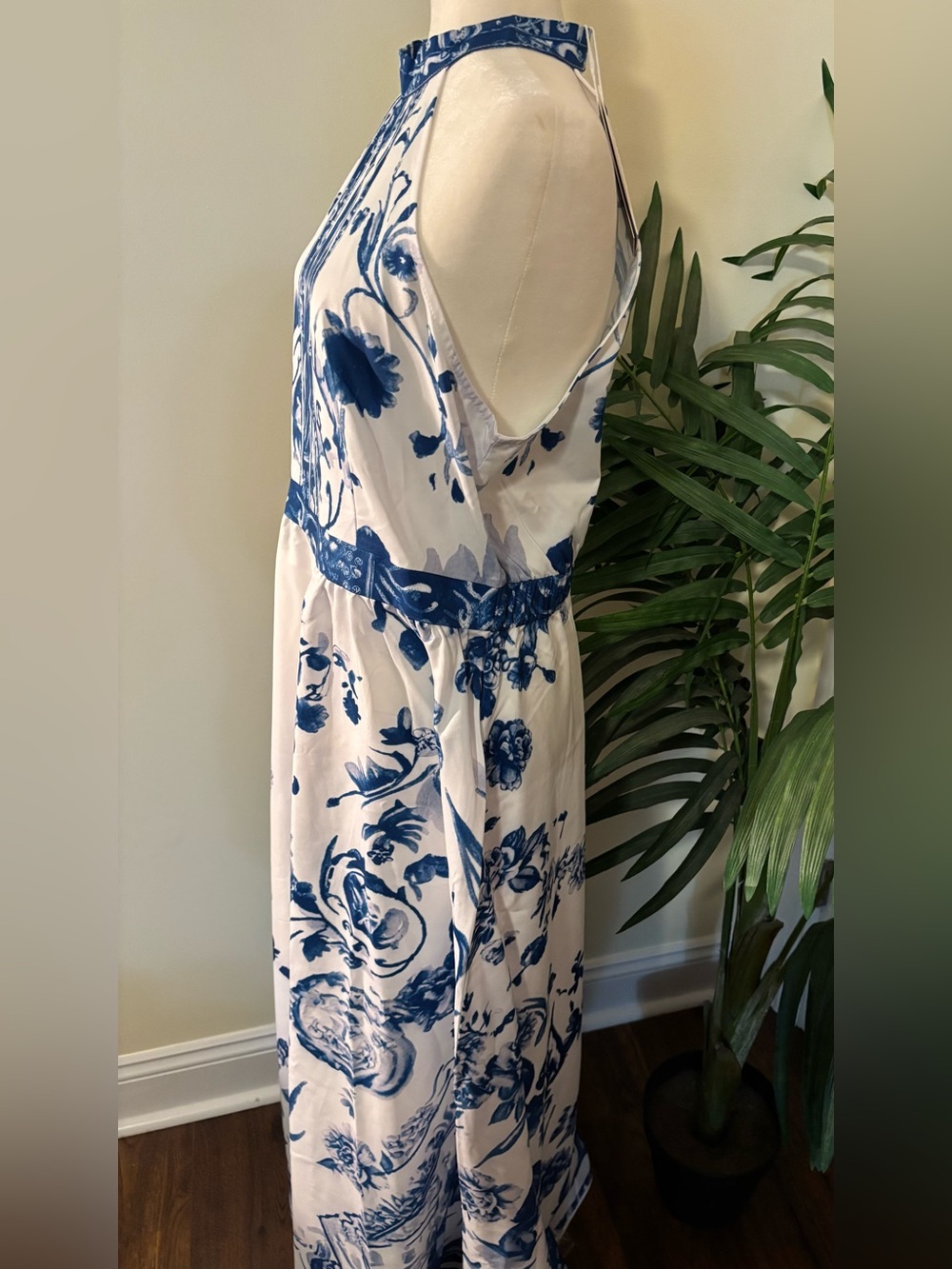 Blue & White Floral Halter Maxi Dress - Picture 2 of 5